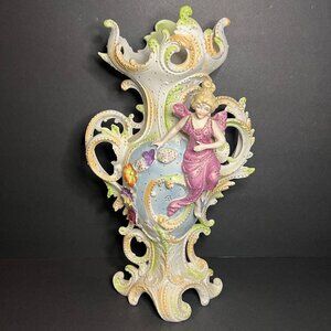 Vintage Rare Saxony Art Nouveau Porcelain Floral Woman Figural Vase 12.5"